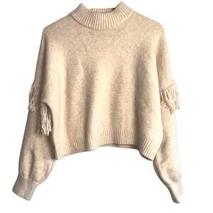Happily Grey Fringe Sleeve Cropped Sweater Medium Tan Mock Neck